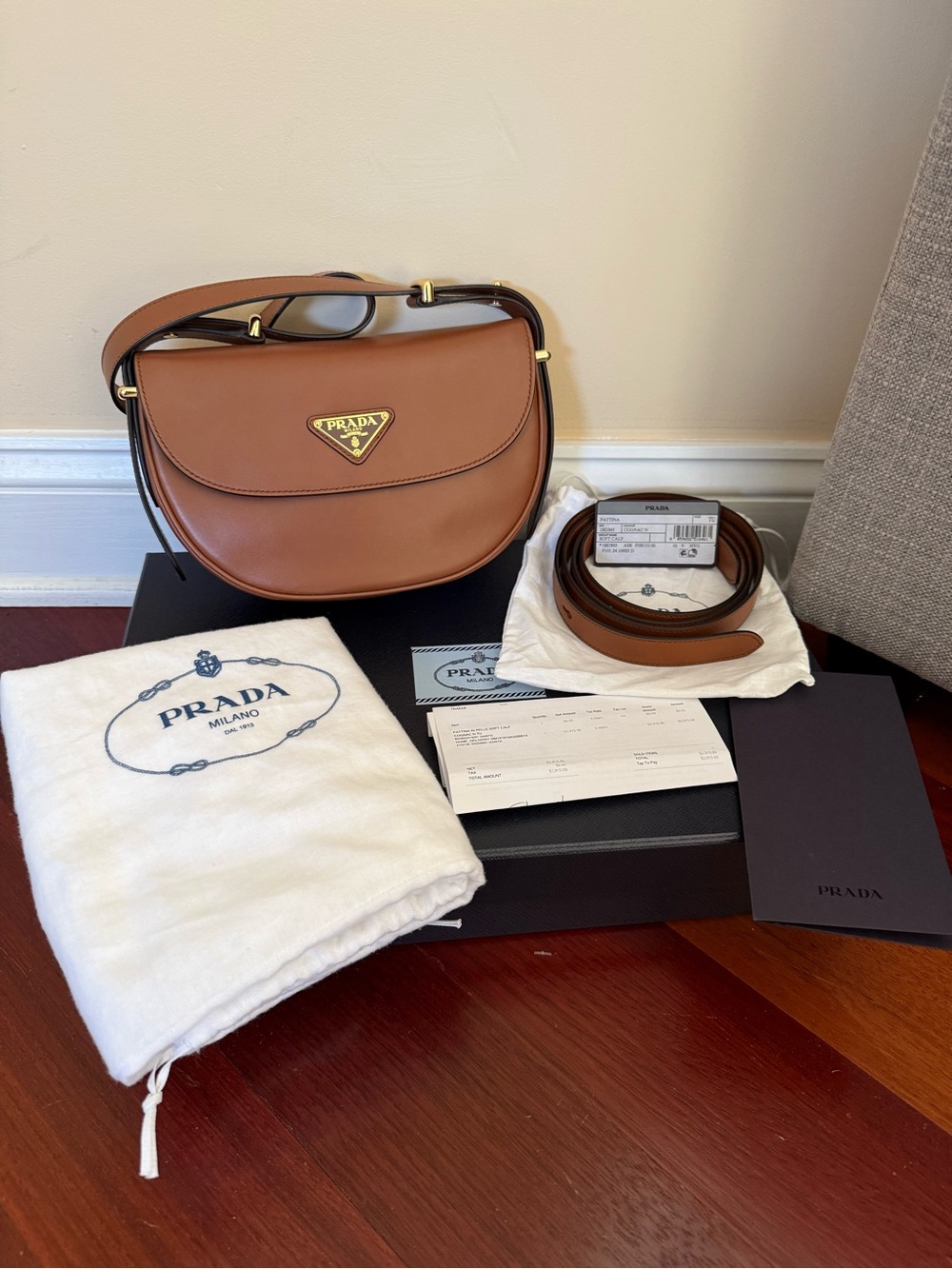 Prada Arque Leather Shoulder Bag with Flap Cognac/Tan